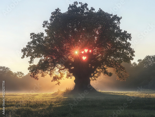 Fantasy-style photo of a large, majestic tree with heart-shaped leaves, glowing in soft pink and red hues, surrounded by a misty meadow, magical atmosphere
