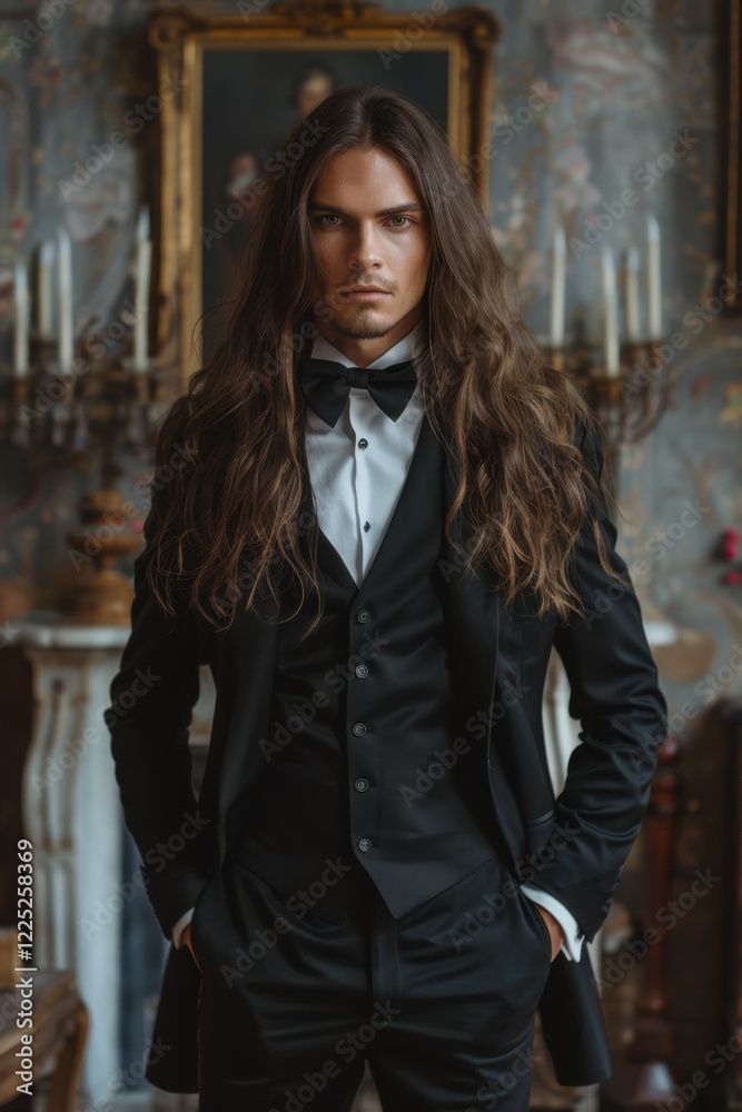 A man with long, flowing hair stands confidently in a sleek tuxedo and bow tie. A man with long, flowing hair stands confidently in a sleek tuxedo and bow tie.