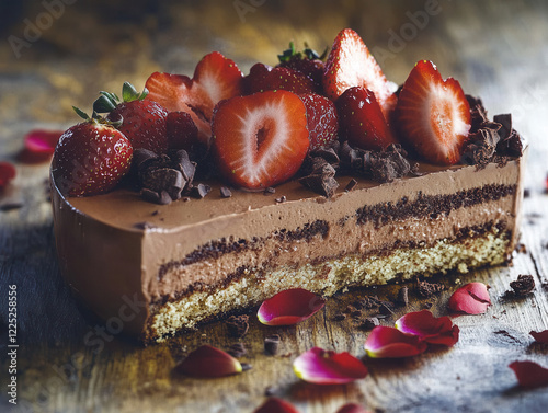Food photography of a decadent heart-shaped chocolate cake with fresh strawberries on top, elegantly decorated with powdered sugar and chocolate shavings