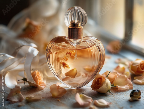 High-end product photography of a luxury perfume bottle in the shape of a heart, surrounded by scattered rose petals and delicate ribbons