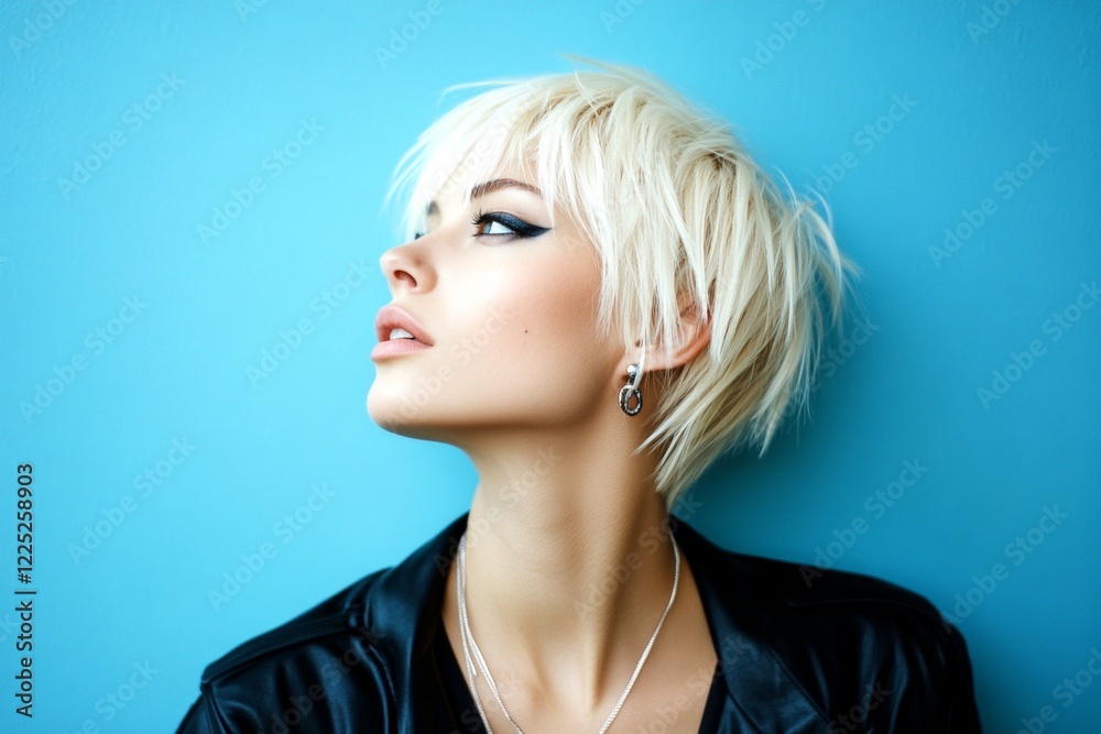 Commercial digital ads concept art. Stunning calm mixed-race girl - for ads, banner and social platforms use. Short hairdo - blond hair. Short hair style. Model with colored hair. Glam look. Commercial digital ads concept art. Stunning calm mixed-race girl - for ads, banner and social platforms use. Short hairdo - blond hair. Short hair style. Model with colored hair. Glam look.