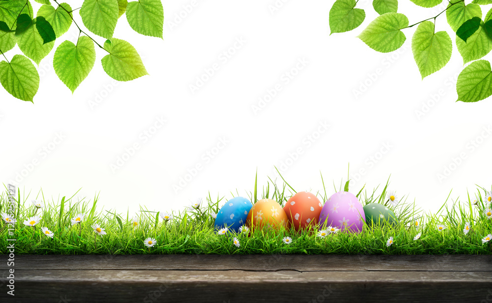 A template of a wooden product display top with painted Easter eggs and green spring grass, meadow on a transparent background to celebrate a happy Easter.