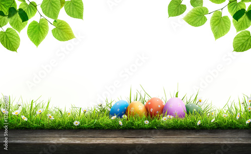 Obraz na płótnie A template of a wooden product display top with painted Easter eggs and green spring grass, meadow on a transparent background to celebrate a happy Easter. w salonie