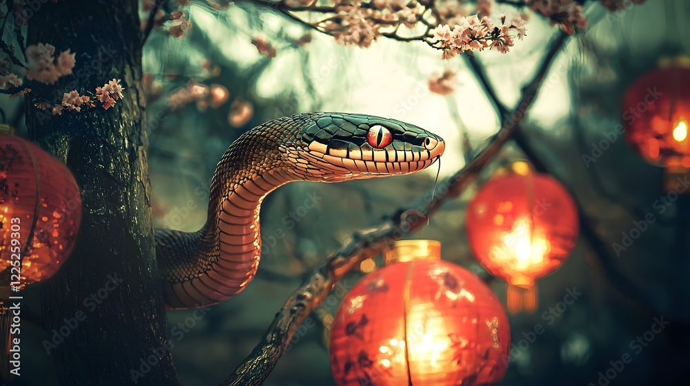 Fototapeta premium Elegant Snake in Serene Chinese Lantern Festival with Vibrant Red Lanterns and Blooming Cherry Trees