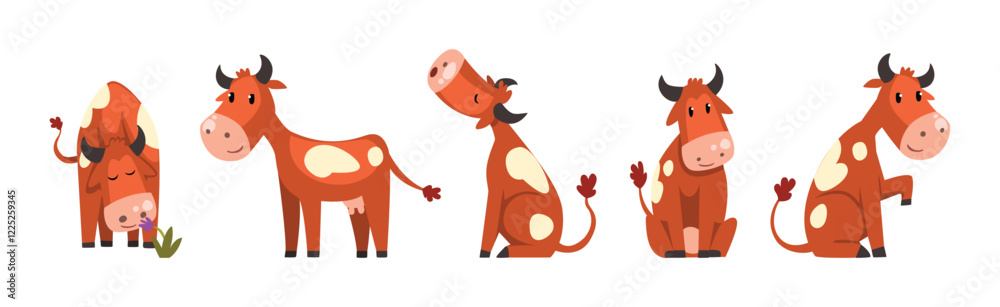 Funny Brown Cow Farm Animal in Different Pose Vector Set Funny Brown Cow Farm Animal in Different Pose Vector Set