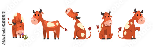 Funny Brown Cow Farm Animal in Different Pose Vector Set