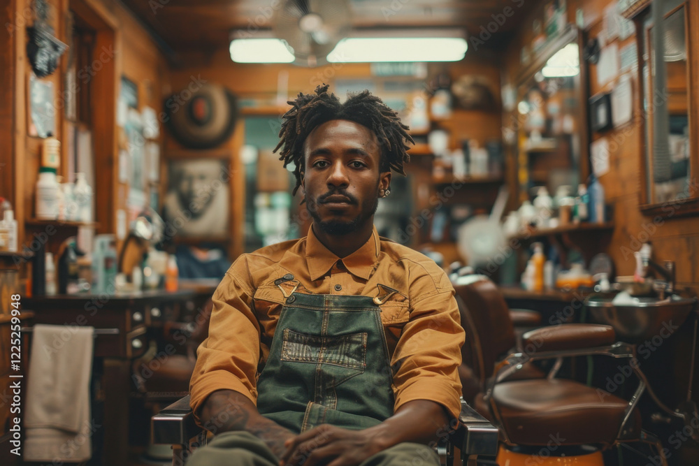 A man sits calmly in a barbershop chair, dressed in casual attire, surrounded by vintage decor and grooming tools, preparing for his haircut in a warm, inviting environment. A man sits calmly in a barbershop chair, dressed in casual attire, surrounded by vintage decor and grooming tools, preparing for his haircut in a warm, inviting environment.