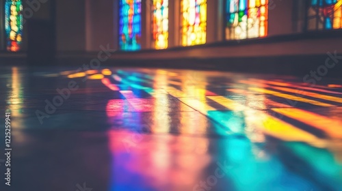 Colorful Reflections on Floor from Stained Glass Windows in Church