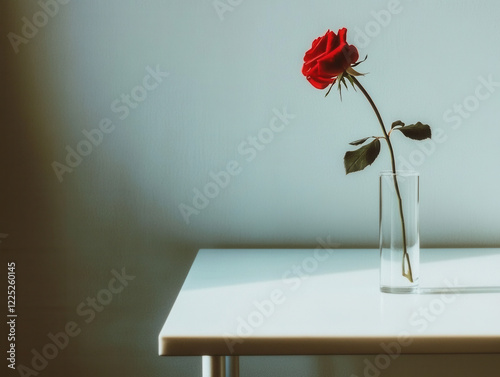 Minimalist photo of a single red rose in a glass vase on a white table
