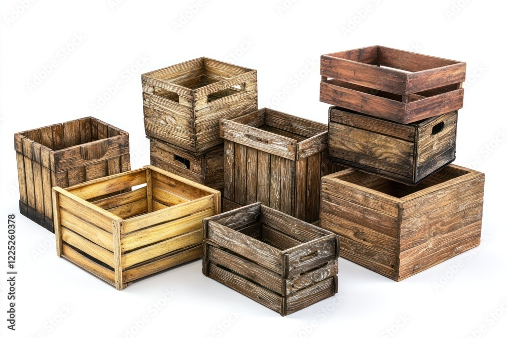 Rustic wooden crates stacked, studio shot, white background, storage Rustic wooden crates stacked, studio shot, white background, storage