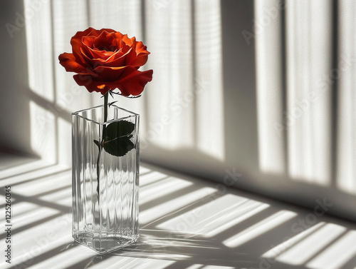 Minimalist photo of a single red rose in a glass vase on a white table