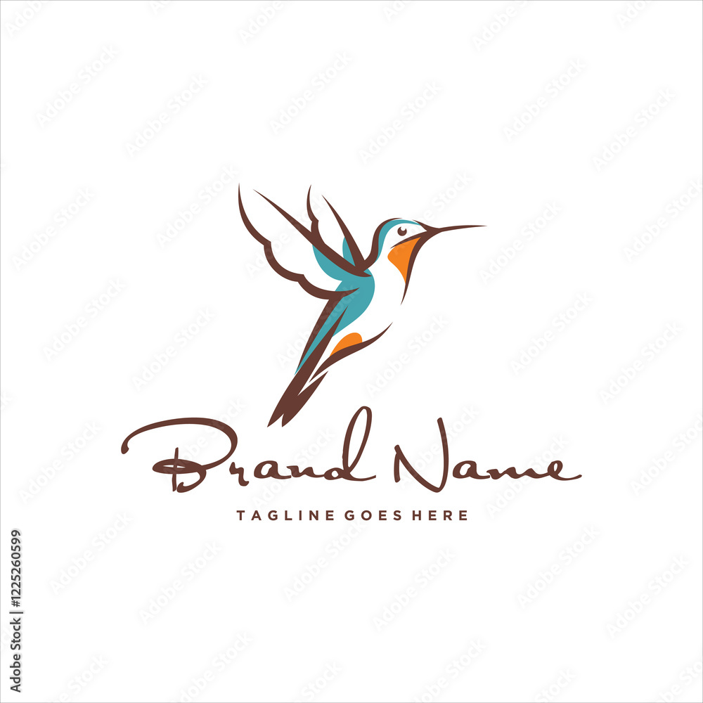 Obraz premium Simple Sketchy Line Art Flying Beautiful Colibri Bird Perched Logo Design