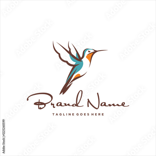 Simple Sketchy Line Art Flying Beautiful Colibri Bird Perched Logo Design
