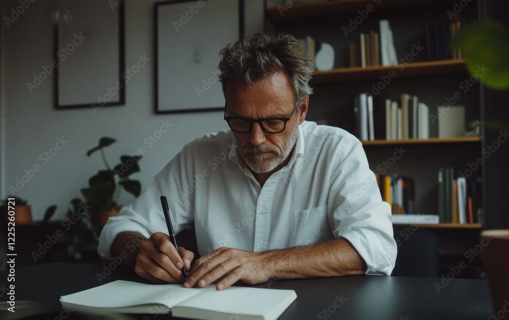 Contemporary home office with a middle-aged man in a white shirt sitting at a sleek black desk, writing in a notebook. Contemporary home office with a middle-aged man in a white shirt sitting at a sleek black desk, writing in a notebook.