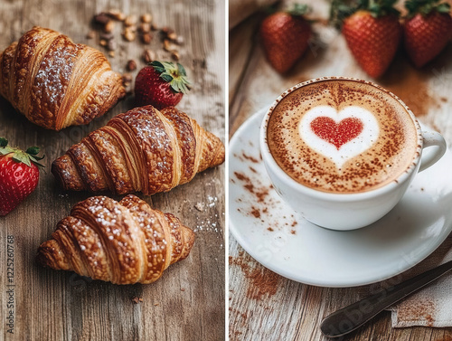 Photo of a romantic breakfast with two cappuccinos featuring heart latte art, served with fresh croissants and strawberries on a wooden table