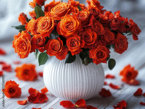 Photo of a vibrant bouquet of red roses in a white ceramic vase, scattered rose petals on the table