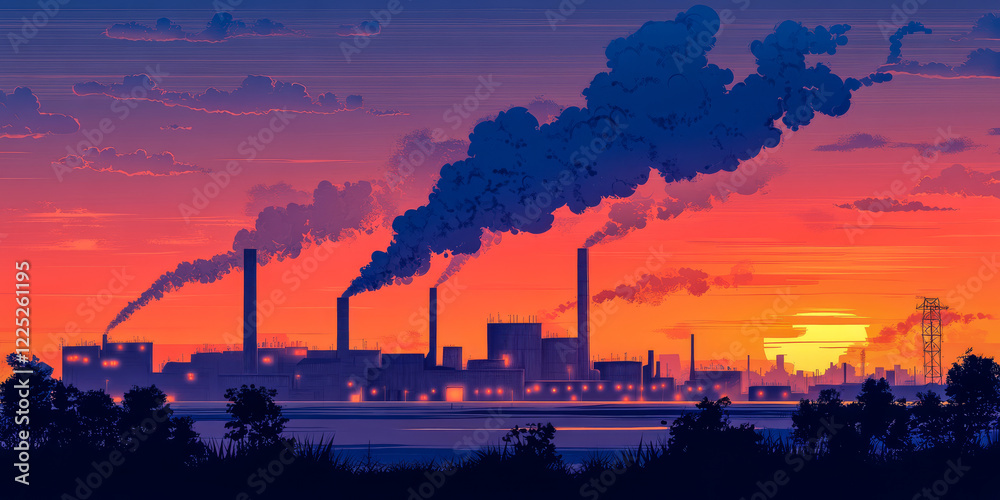 Obraz premium Factory skyline at sunset with colorful clouds and emissions rising into the sky