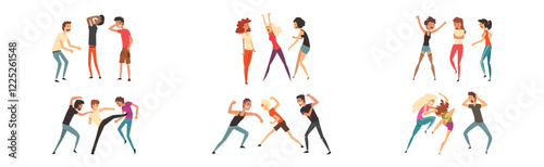 Fighting and Shouting People Character Quarrel with Each Other Vector Set