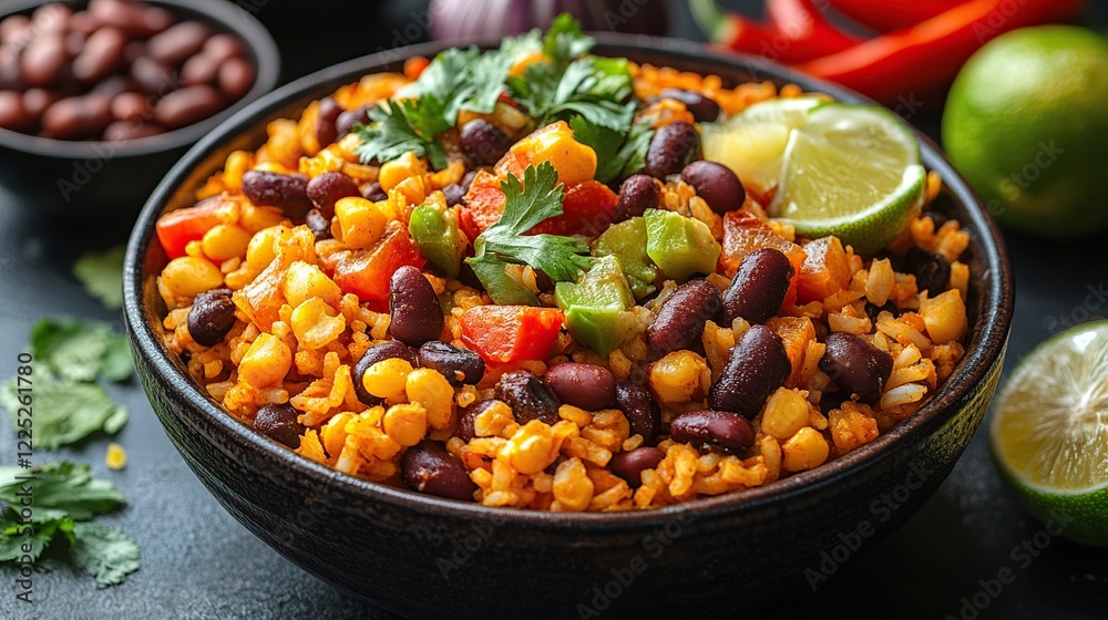 Fototapeta premium Delicious rice, beans, and corn bowl. Spicy Mexican food