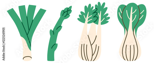 Flat illustration of leek, asparagus, fennel, and bok choy, ideal for healthy eating, cooking projects, and vegetable-inspired designs
