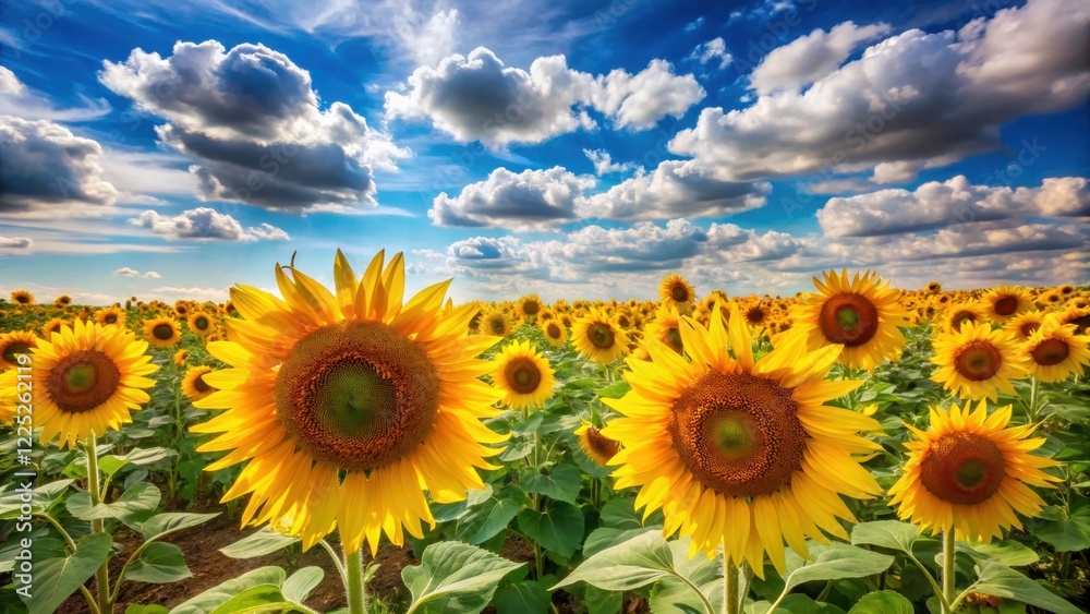 A vast expanse of tall sunflowers swaying gently in the breeze under a brilliant blue sky with puffy white clouds A vast expanse of tall sunflowers swaying gently in the breeze under a brilliant blue sky with puffy white clouds