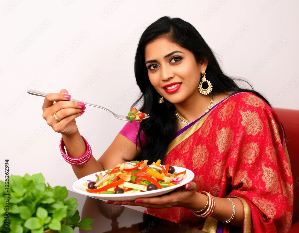 Atractiva dama india comiendo un plato de ensalada
Atractiva dama india comiendo un plato de ensalada