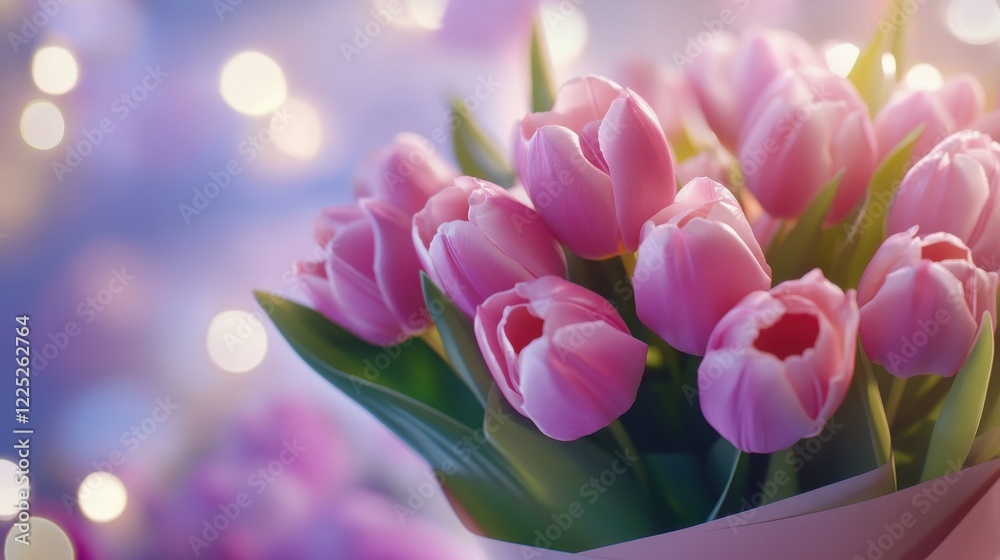 Fototapeta premium Pink tulips bouquet on blurry background, spring flowers for international womens day 8 march as gift, violet purple bunch romantic present from floral shop made by florist, close up view copy space