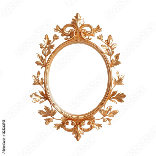 A gold framed oval with leaves on it. The frame is ornate and the leaves are intricate