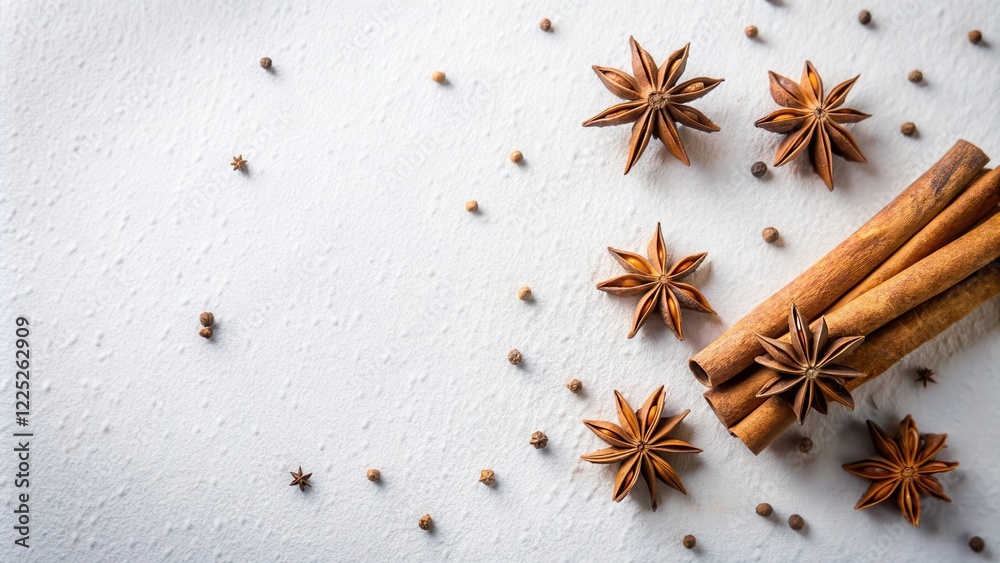 Fototapeta premium Aromatic Spices Arranged on White Surface Star Anise and Cinnamon Sticks