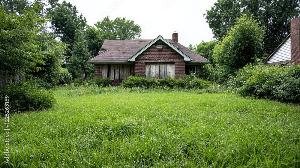 Fototapeta premium Overgrown brick house, neglected yard, suburban setting, showing urban decay