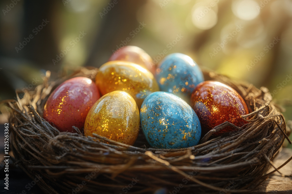 Close-up view of a rustic nest filled with vibrant Easter eggs in shades of blue, orange, gold, and red, highlighting spring festivities and seasonal joy. Close-up view of a rustic nest filled with vibrant Easter eggs in shades of blue, orange, gold, and red, highlighting spring festivities and seasonal joy.