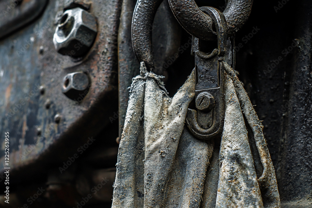 Close-up of a weathered metal hook and worn fabric, showcasing industrial textures and details Close-up of a weathered metal hook and worn fabric, showcasing industrial textures and details