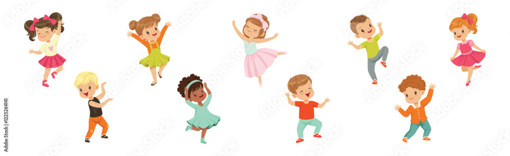 Cute Kids Dancing Moving Body Show Performance Vector Set Cute Kids Dancing Moving Body Show Performance Vector Set