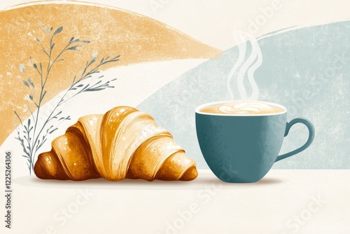 A cheerful illustration of a coffee cup and a croissant in complementary tones, such as brown and blue, against a white background