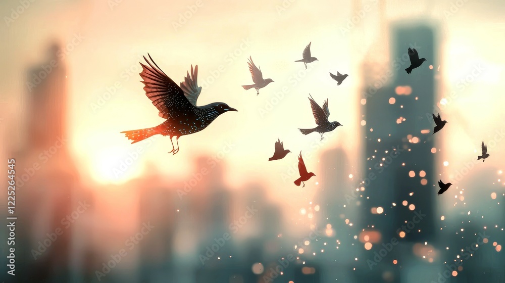 Fototapeta premium digital assets and ecosystem concept. A flock of birds flies against a glowing city skyline at sunset.