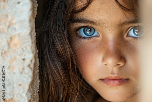 A child peering around a corner, their face partially hidden and their expression wary as they observe something in the distance