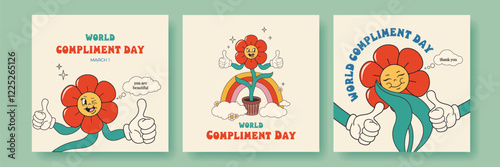 World Compliment Day. March 1. Groovy flower character. Template for banner, card, poster set. Vector illustration.