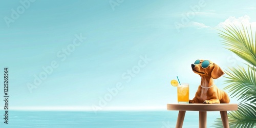 A cheerful dog wearing sunglasses enjoys a tropical drink by the beach, surrounded by palm trees and a clear blue sky.