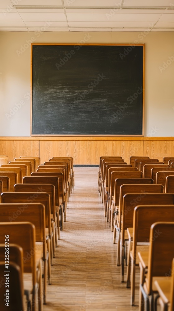 Empty Lecture Hall with Wooden Chairs and Chalkboard Capturing Academic Ambience, Classroom Learning Environment, Education Concept, Waiting for Students, Academic Setting, Generative AI Empty Lecture Hall with Wooden Chairs and Chalkboard Capturing Academic Ambience, Classroom Learning Environment, Education Concept, Waiting for Students, Academic Setting, Generative AI