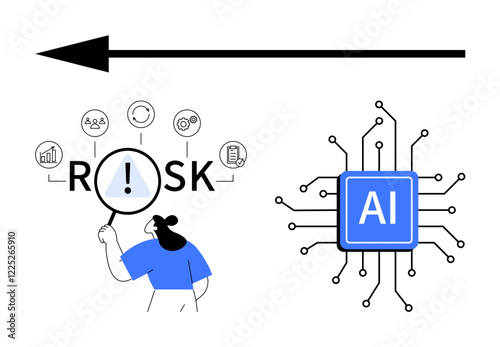 Magnifying glass over risk text, symbols of data, people, and money, and AI microchip diagram. Ideal for AI ethics, risk assessment, tech innovation, decision-making management systems abstract