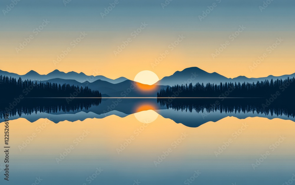 Naklejka premium Captivating sunset over tranquil lake surrounded by mountains and trees