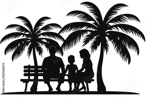 Family on vacation at sea sitting under the palm trees silhouette