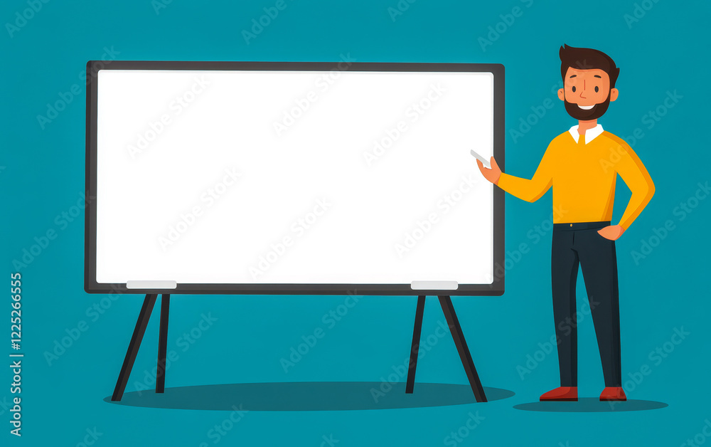 Person presenting ideas next to a blank board in a simple colorful setting Person presenting ideas next to a blank board in a simple colorful setting
