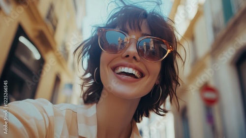 Happy carefree woman takes selfie durring sightseeing in city poses against blurred background wears trendy shades smiles toothily at camera records video for her travel blog uses app device photo