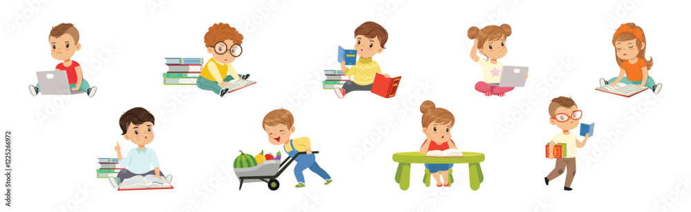 Funny Boy and Girl Study with Book and Learning Vector Set Funny Boy and Girl Study with Book and Learning Vector Set