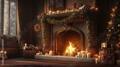 Cozy holiday living room featuring a brick fireplace with a warm fire,