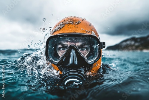 A diver preparing to descend into the ocean, their eyes scanning the water nervously as they adjust their mask
