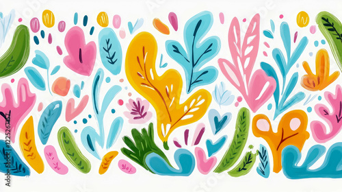 Abstract Colorful Floral Arrangement: A vibrant, hand-painted artwork featuring an array of stylized floral elements in a diverse palette of bright hues, ideal for home décor and artistic projects.