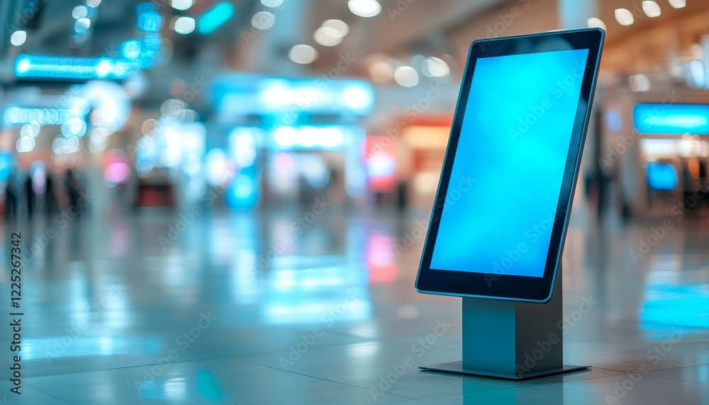 Vertical advertising kiosk with blank digital display in a modern shopping mall, with copy space. Vertical advertising kiosk with blank digital display in a modern shopping mall, with copy space.