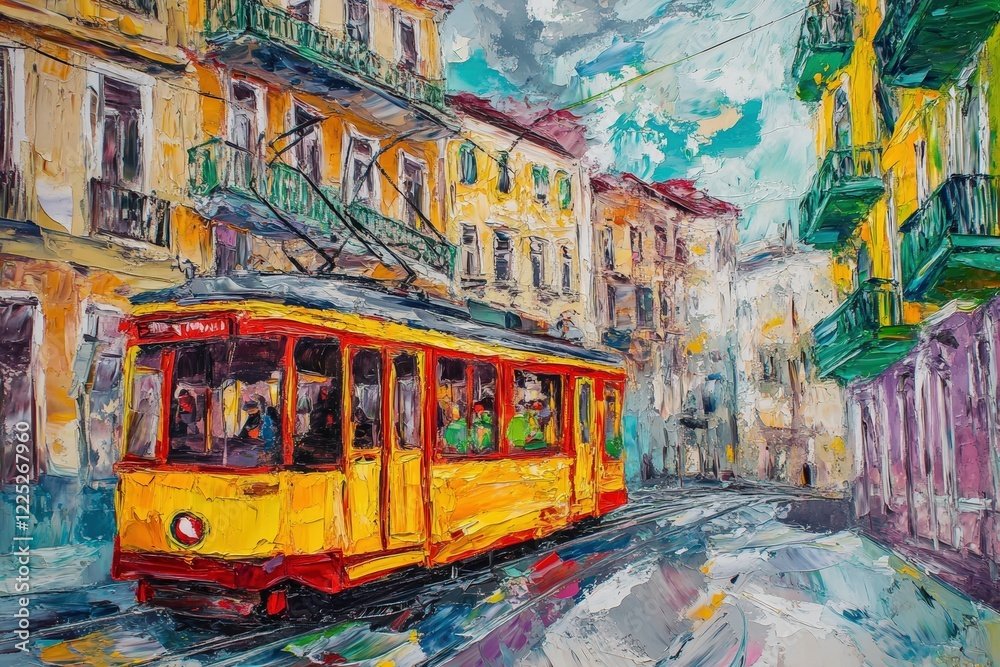 Obraz premium Yellow tram navigating through vibrant city streets with colorful buildings and a cloudy sky, illustrating urban transportation and cultural charm in city life.